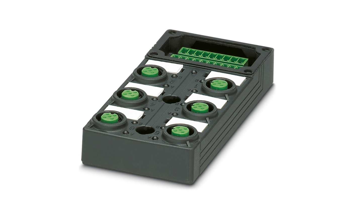 Scatola sensore Phoenix Contact 1452893, 6 porte M12, orientamento diritto, terminazione SPEEDCON per collegamenti rapidi.