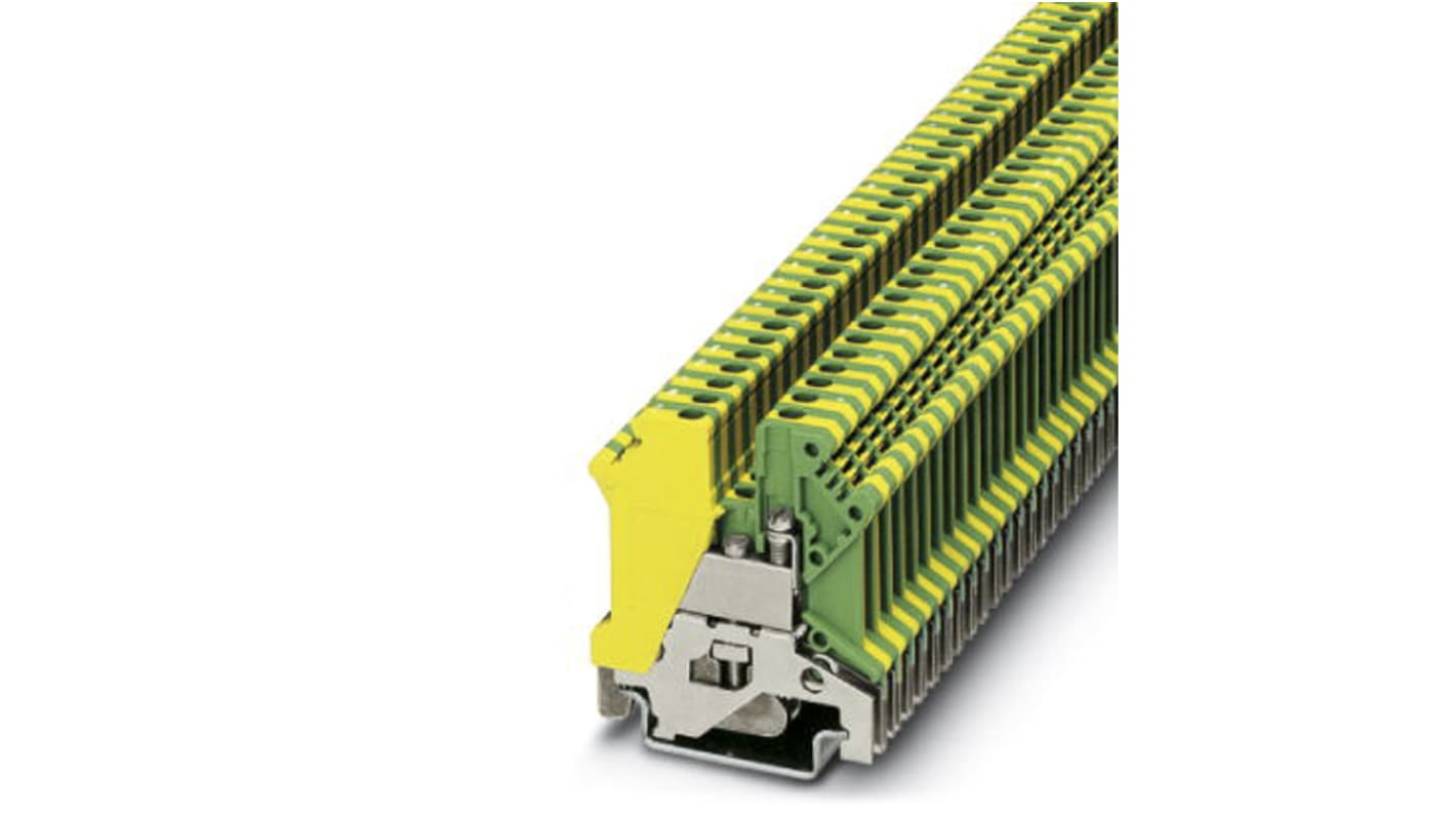 Morsettiera passante Phoenix Contact USLKG 441083, verde/giallo, montaggio su guida DIN. Connessione a vite, protezione sovratensione e certificazione ATEX. Ideale per centrali di controllo e distribuzione.