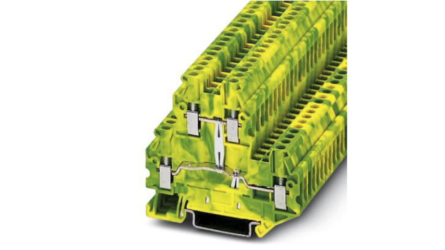Morsettiera a doppio livello Phoenix Contact 3044665 UTTB 2,5-PE - Gestione del potenziale su due livelli con collegamento a vite. Conforme a UL94 V0, compatibile con conduttori da 0,14 a 2,5 mm². Ottimizza il tuo armadietto di controllo!
