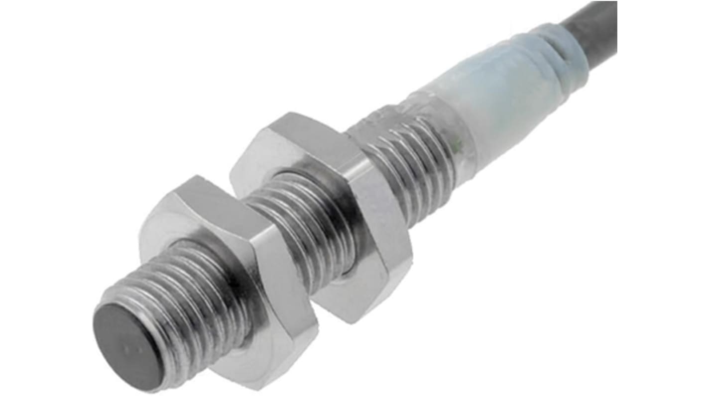 Sensore di prossimità cilindrico PNP Omron E2A-S08LS02-WP-B2 5M, M8, rilevamento 2 mm, IP67, corpo in acciaio inox.