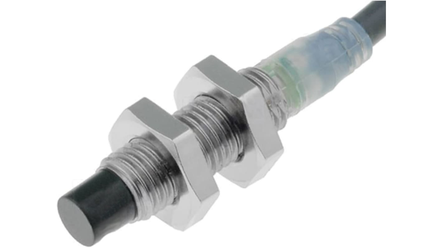 Omron E2A-S08LN04-WP-B1 2M, sensore di prossimità cilindrico PNP M8, rilevamento 4 mm, corpo in acciaio inox, IP67.