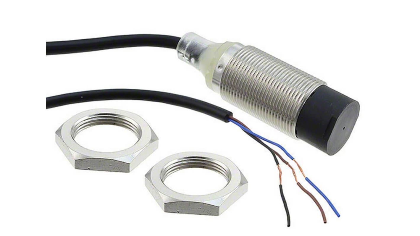 Sensore di prossimità cilindrico NPN Omron E2B-M18KN16-WP-C1 2M, rilevamento 16 mm, alimentazione 12-24 V c.c., grado di protezione IP67.