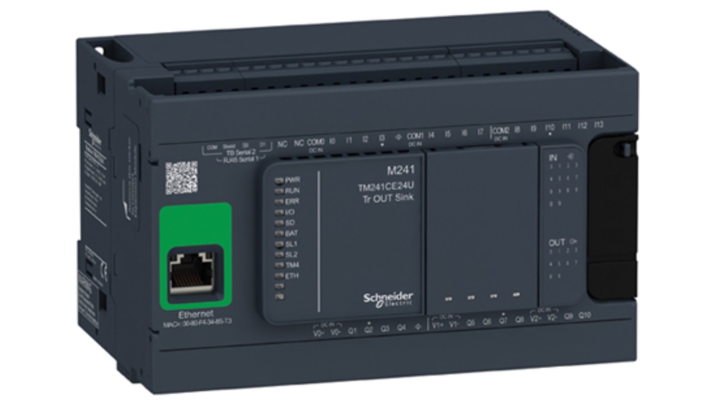 Schneider Electric TM241CE24U, CPU PLC Modicon M241, 14 ingressi, 10 uscite, montaggio su guida DIN, dimensioni 150 x 95 x 90 mm.