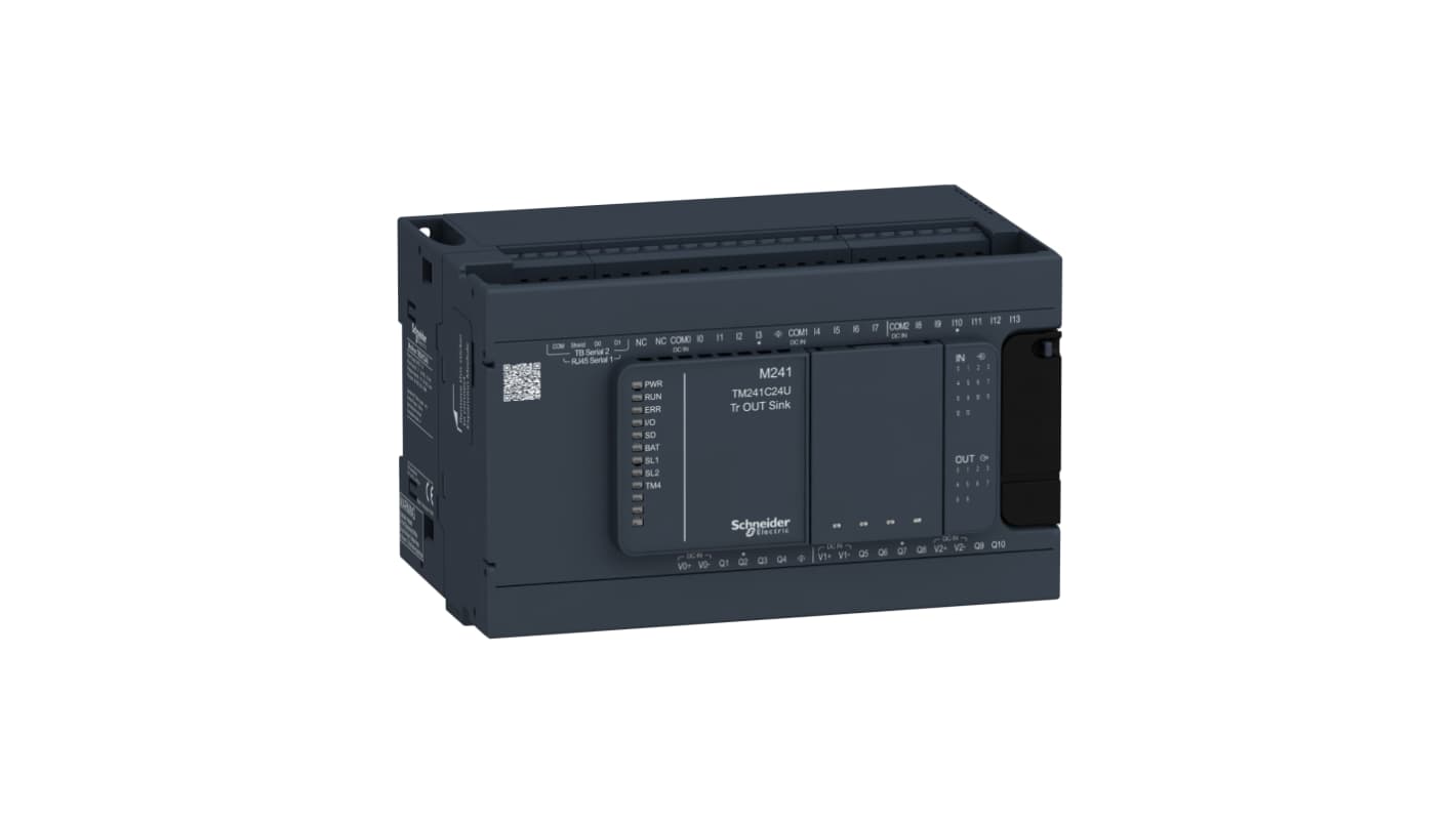 Schneider Electric TM241C24U, CPU PLC Modicon M241, 14 ingressi, 10 uscite, montaggio su guida DIN, dimensioni 150 x 95 x 90 mm.
