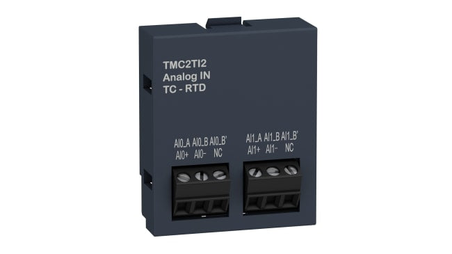 Modulo I/O analogico Schneider Electric TMC2TI2 per Modicon M221, 2 ingressi, uscita 20 mA, dimensioni 41 x 35 x 15 mm.
