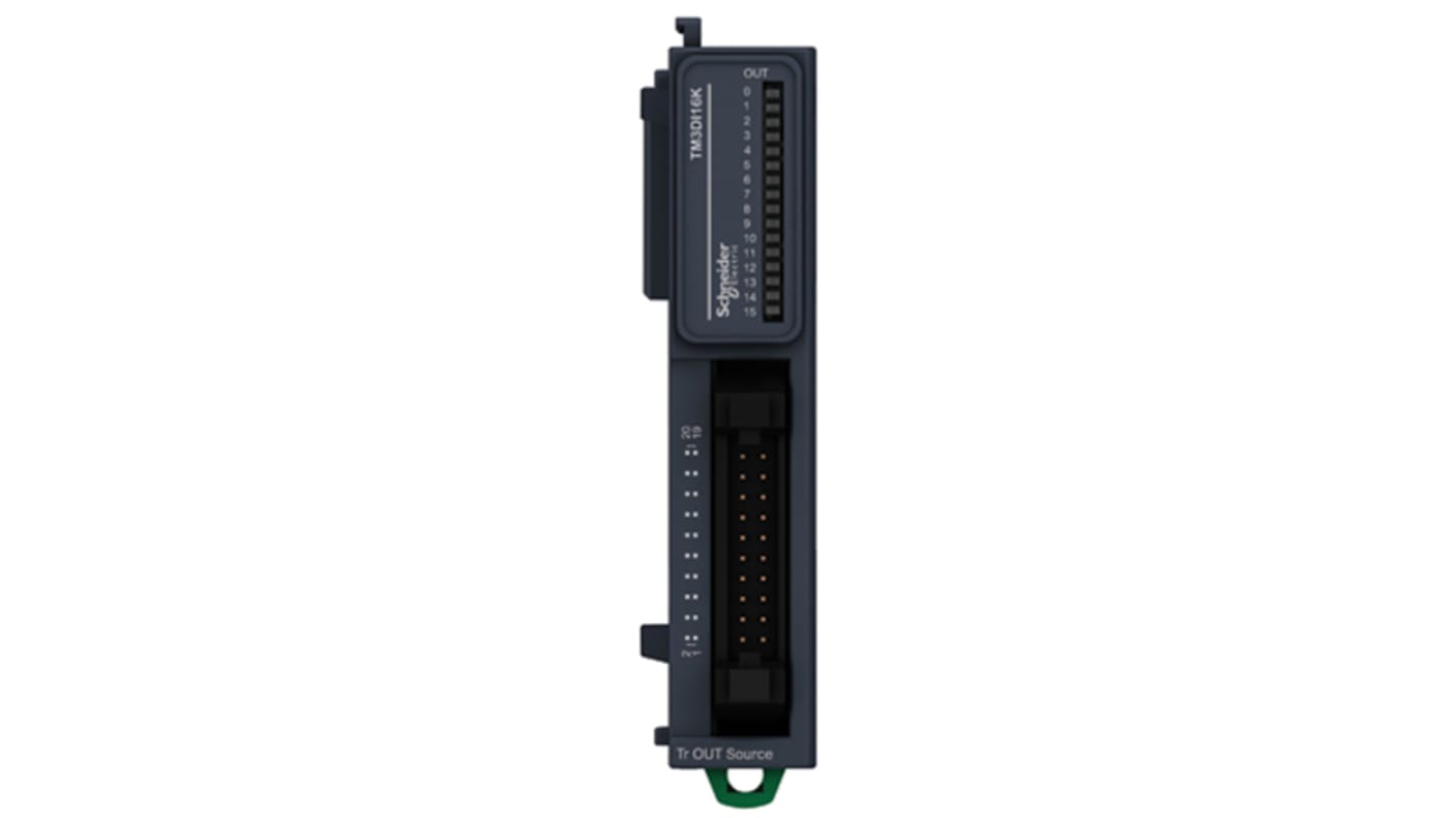 Modulo I/O Schneider Electric TM3DI16K con 16 ingressi digitali, compatibile con Modicon M221, M241 e M251. Dimensioni 90 x 17,6 x 70 mm.