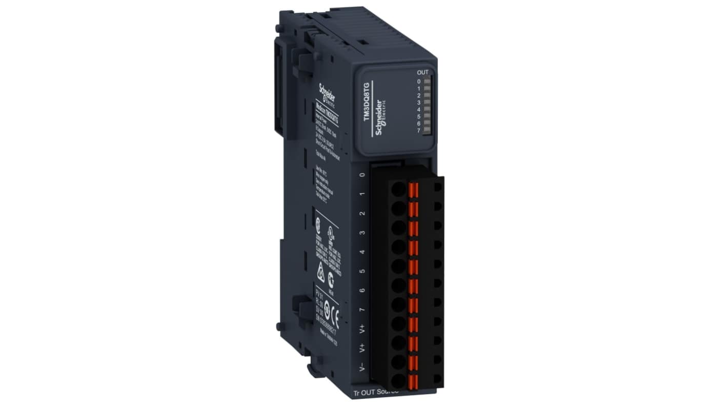 Modulo I/O digitale Schneider Electric TM3DQ8TG, 8 uscite a transistor, compatibile con Modicon M221, M241 e M251, dimensioni 90 x 23,6 x 70 mm.