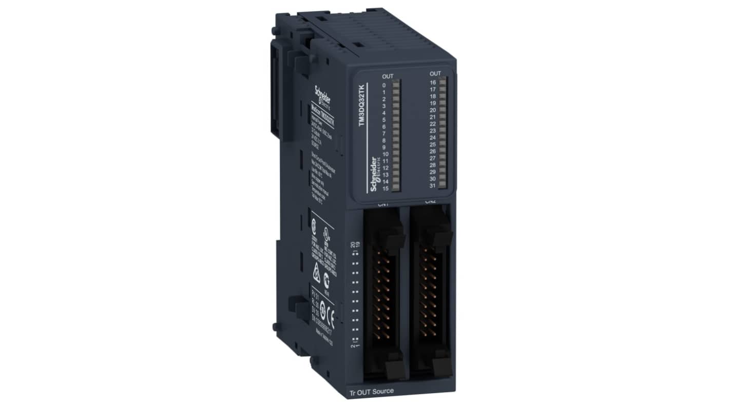 Modulo I/O digitale Schneider Electric TM3DQ32TK, 32 uscite transistor, compatibile con Modicon M221, M241 e M251, dimensioni 90 x 30,2 x 70 mm.