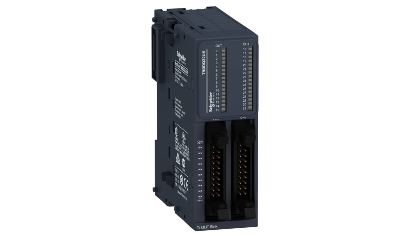 Modulo I/O PLC Schneider Electric TM3DQ32UK, 32 uscite digitali, dimensioni 90 x 30,2 x 70 mm, compatibile con Modicon M221, M241 e M251.