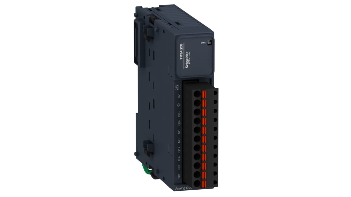 Modulo I/O PLC Schneider Electric TM3AQ2G, unità ausiliaria con 2 uscite analogiche, dimensioni 90 x 23,6 x 70 mm.