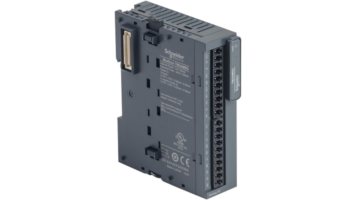 Modulo I/O PLC Schneider Electric TM3AM6G, compatibile con Modicon M221, M241 e M251, dimensioni 90 x 23,6 x 70 mm.