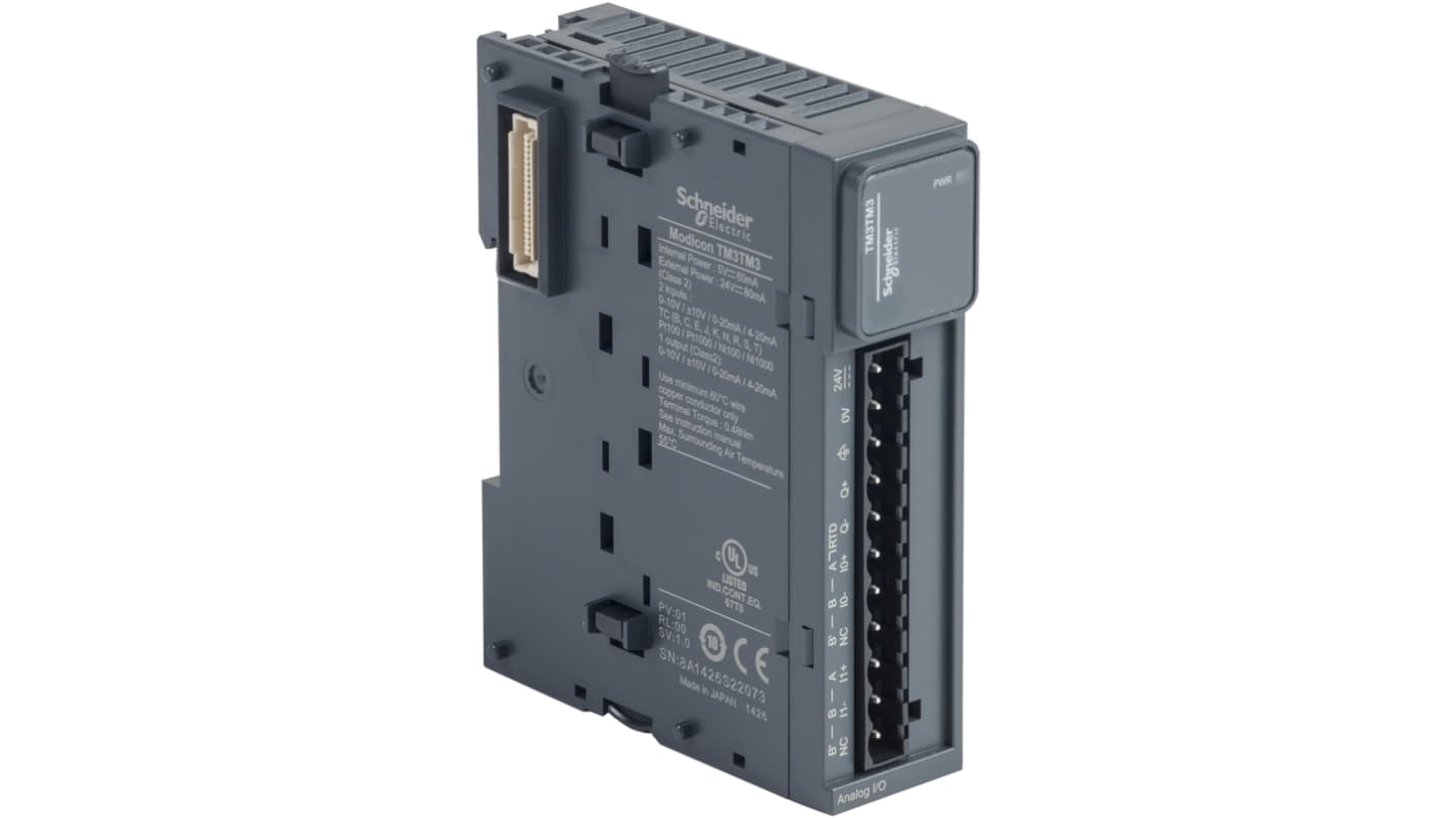 Modulo I/O PLC Schneider Electric TM3TM3, compatibile con Modicon M221, M241 e M251, dimensioni 90 x 23,6 x 70 mm.