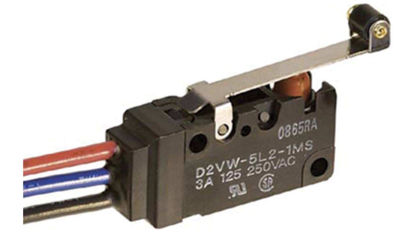 Microinterruttore Omron D2VW-5L2A-1HS, SP-CO, IP67, attuatore a linguetta, 5 A a 250 V, durata meccanica 10 milioni di cicli.