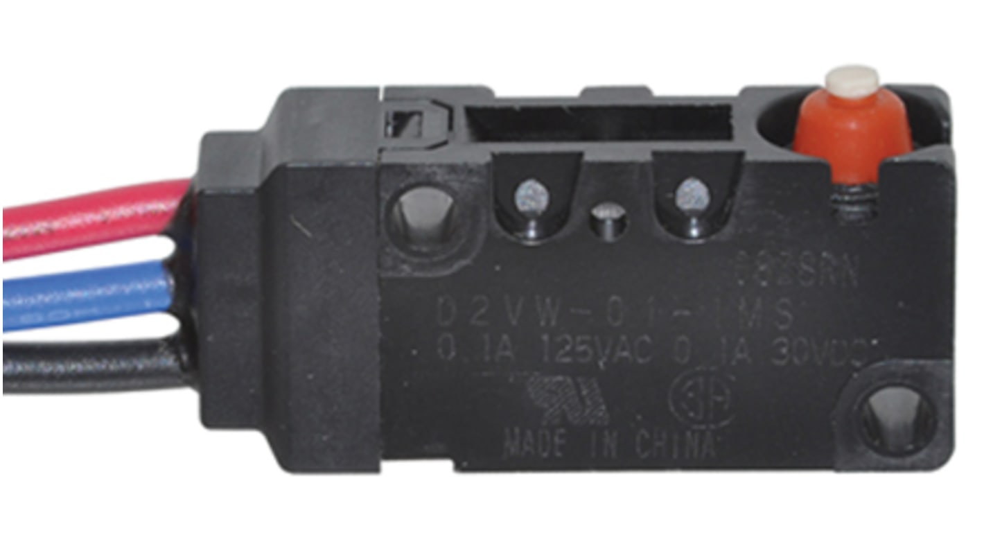 Microinterruttore Omron D2VW-01-1MS SPDT, sigillato IP67, corrente 100 mA a 30 V cc, durata meccanica 10 milioni di cicli.