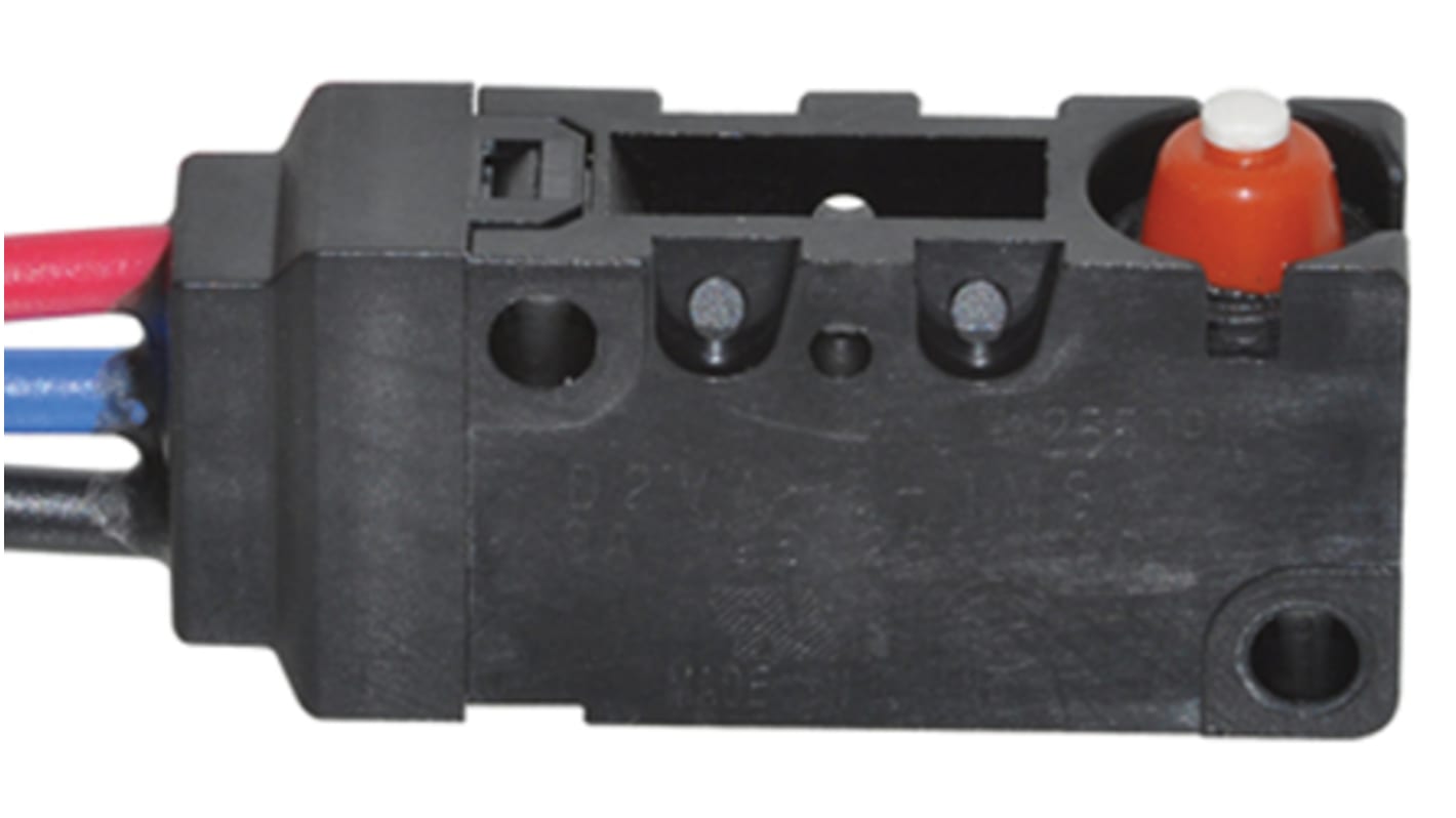 Microinterruttore Omron D2VW-5-1MS SP-CO, sigillato IP67, corrente 3 A a 125 V, durata meccanica 10 milioni di operazioni.