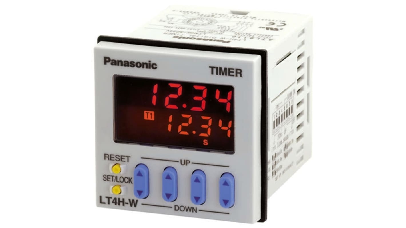 Timer Relay a pannello Panasonic LT4HWAC240VS, digitale LCD, tensione 100-240V AC, dimensioni 64.5x48 mm, grado di protezione IP66.