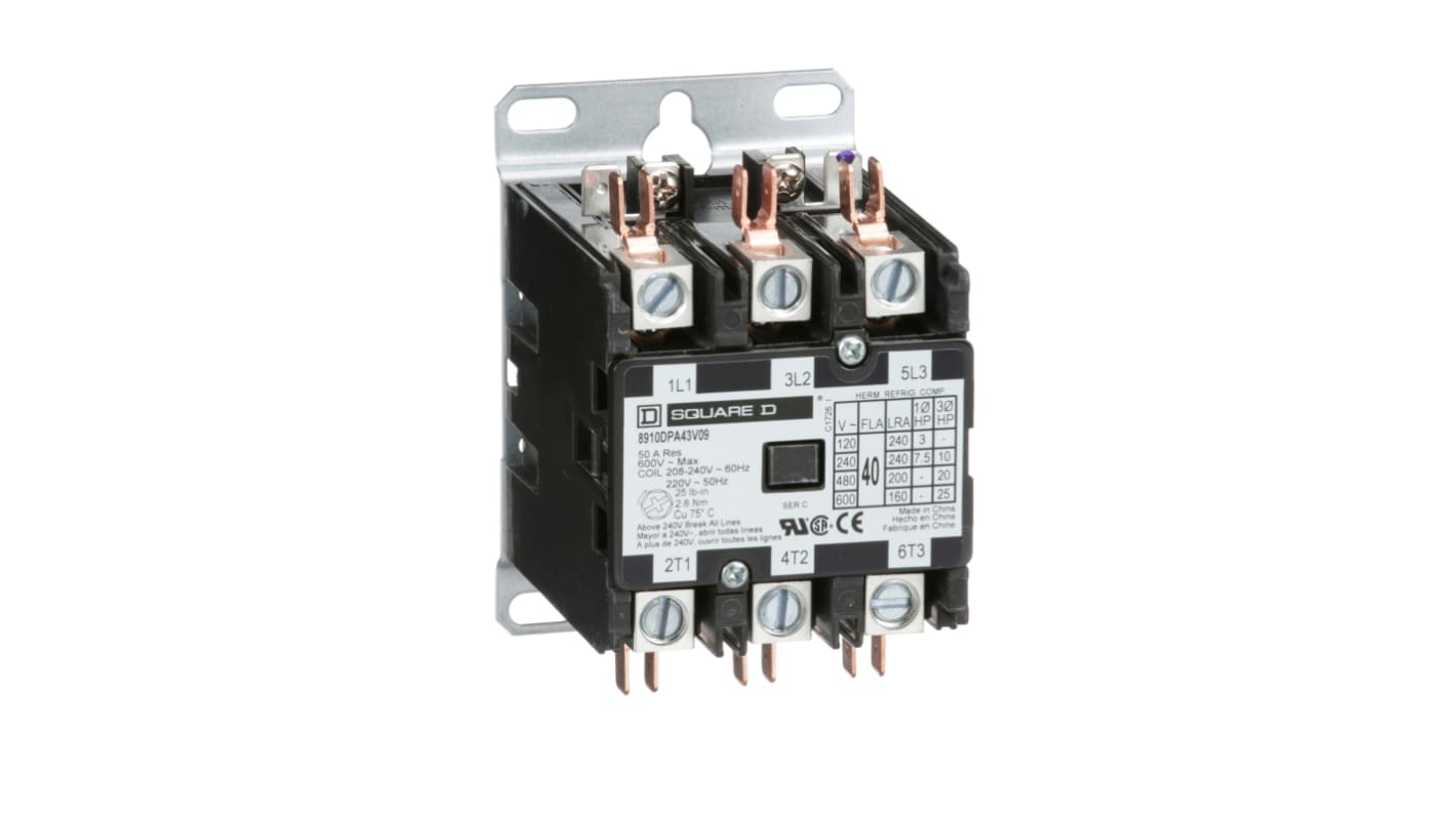 Contattore Schneider Electric 8910DPA43V09, 3 poli, 3 NA, 40 A, tensione 600 V c.a., attacco rapido, per applicazioni industriali.