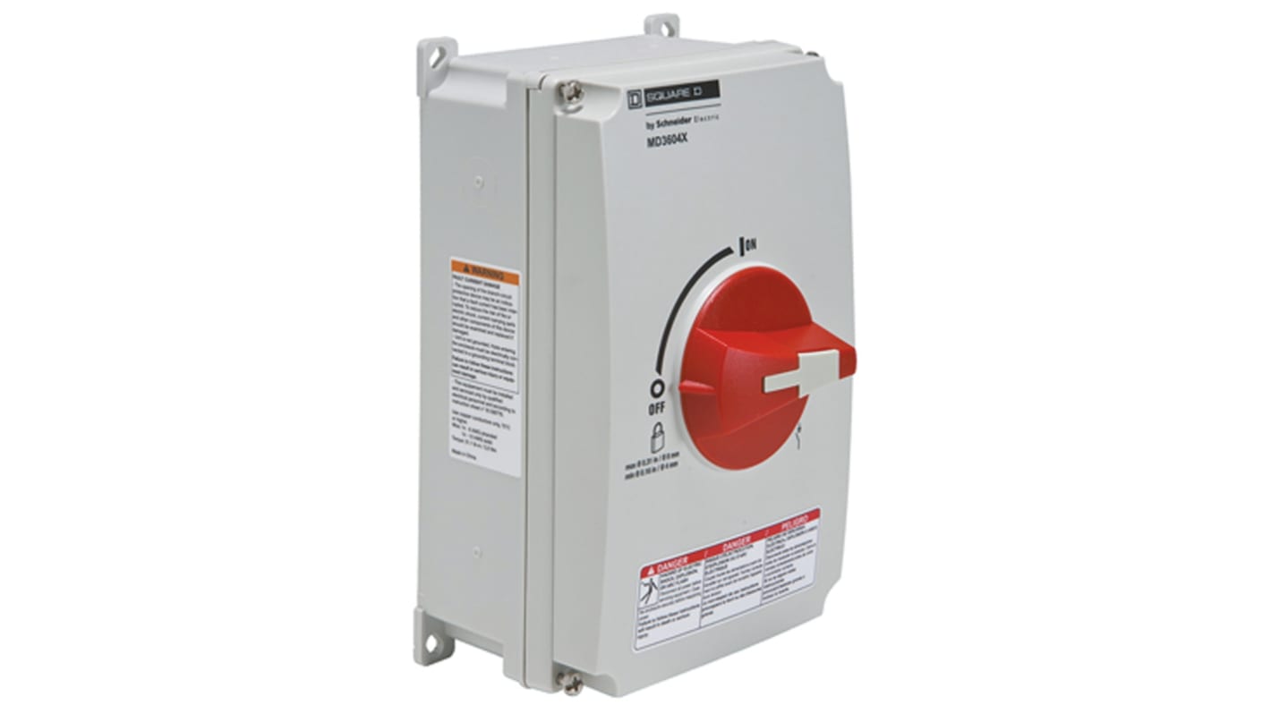 Interruttore di isolamento Schneider Electric MD3604X, 1P, 60A, 600V, montaggio a pannello, contenitore NEMA 4X, dimensioni 4.37x4.94x8.27 pollici.