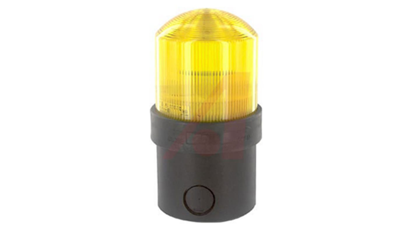 Segnalatore lampeggiante LED giallo Schneider Electric XVBL4B8, montaggio su base, 24 V c.a., grado di protezione IP65, dimensioni 70 mm x 139 mm.
