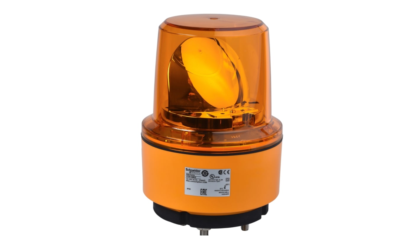 Segnalatore rotante LED ambra Schneider Electric XVR13B05, 24 V c.c., montaggio su base, custodia gialla, IP66.