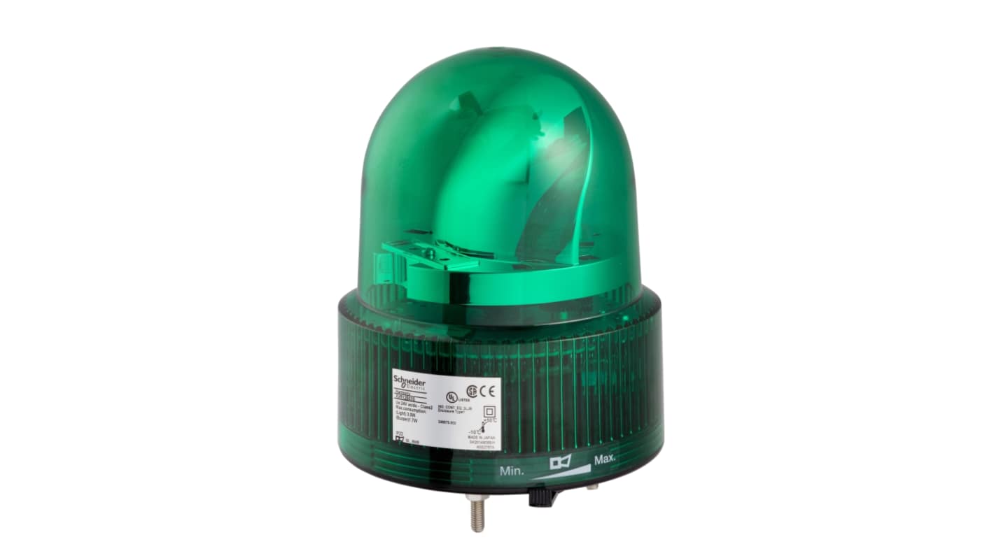 Segnalatore rotante LED verde Schneider Electric XVR12B03, alimentazione 24 V, montaggio a vite, grado di protezione IP66/IP67.