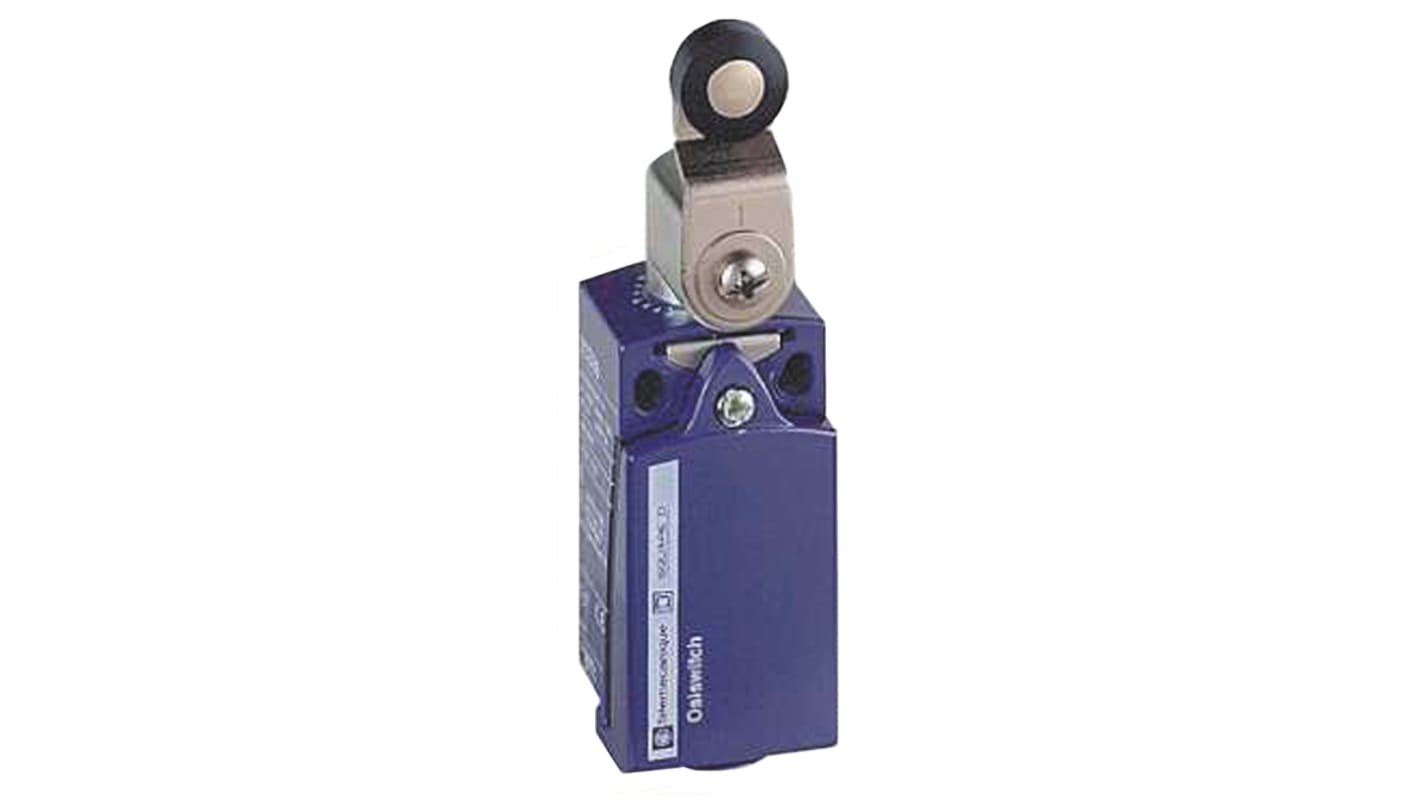 Interruttore di fine corsa Telemecanique Sensors XCKD2118N12 con leva a rullo, configurazione NO/NC, protezione IP66/IP67, dimensioni 65mm x 31mm x 30mm.