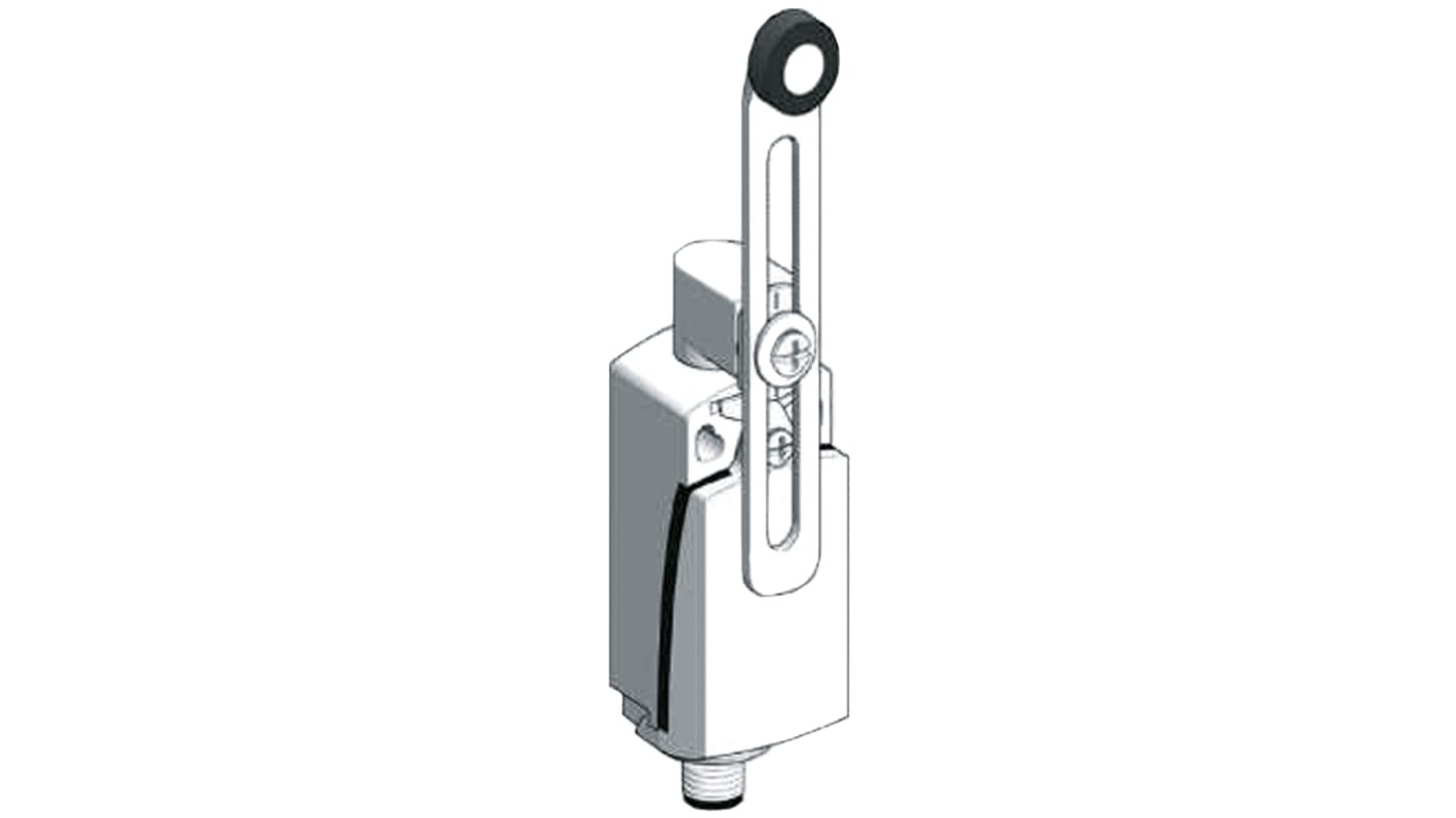 Interruttore di fine corsa Telemecanique Sensors XCKD2145M12 con leva a rullo, configurazione NO/NC, protezione IP66/IP67, dimensioni 65mm x 31mm x 30mm.