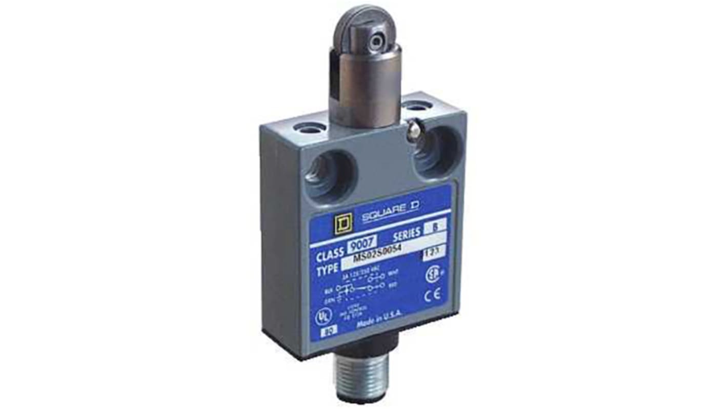 Interruttore di fine corsa Telemecanique Sensors 9007MS02S0084, tasto a rotella NO/NC, montaggio verticale, protezione IP67, dimensioni 44.4mm x 40.1mm x 15.8mm.