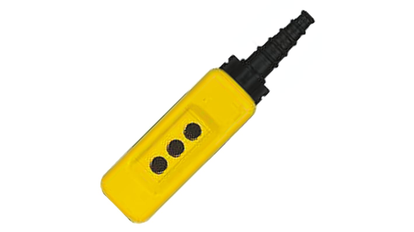 Contenitore pulsantiera Schneider Electric XACA03H7, 3 fori da 22mm, grado di protezione IP65, dimensioni 314x80x70mm, colore giallo.