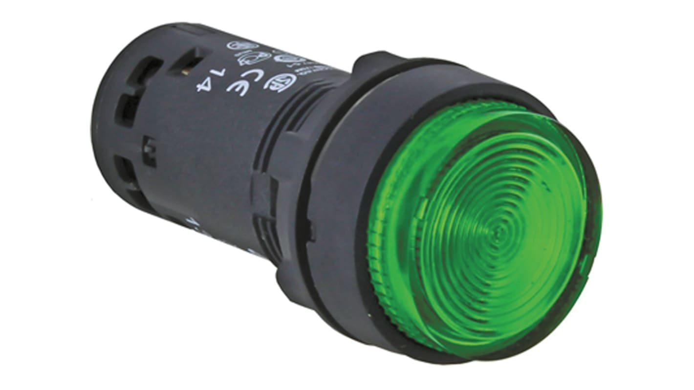 Pulsante SPST luminoso verde Schneider Electric XB7NW33B1, montaggio a pannello 22mm, LED integrato, temperatura operativa -25°C/+70°C.