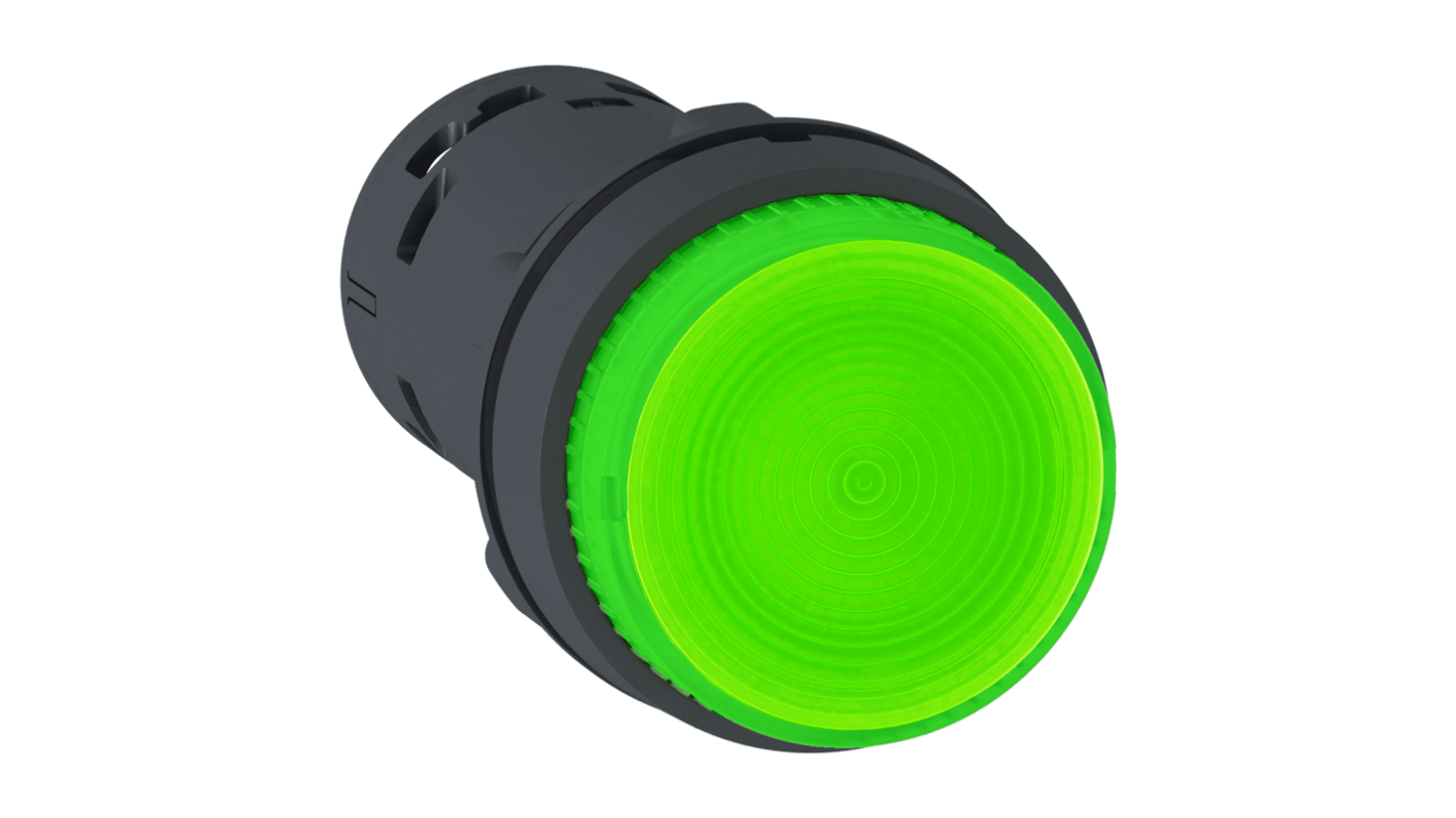 Pulsante luminoso SPST verde Schneider Electric, montaggio a pannello, diametro foratura 22 mm, LED integrato.