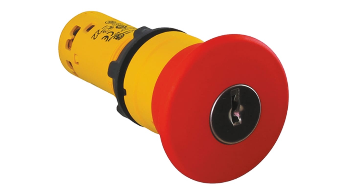 Pulsante di arresto di emergenza rotondo Schneider Electric, montaggio a pannello, 22mm, 2NC, colore rosso, protezione IP65.