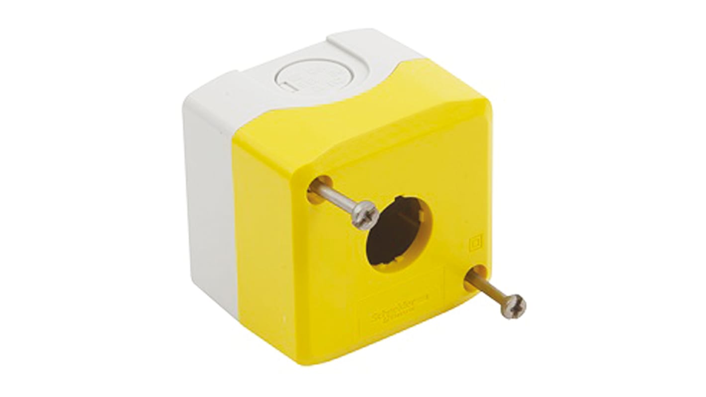 Contenitore stazione di controllo Schneider Electric, giallo, IP66, dimensioni 68x53x68mm, progettato per installazione semplice.