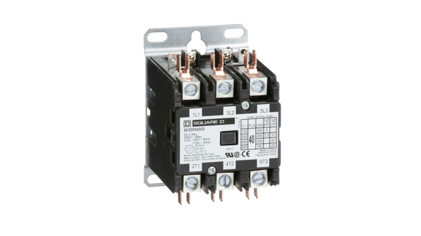Contattore Schneider Electric 8910DPA43V02, 3 poli, 40 A, bobina 110 V c.a., dimensioni 60.2x58.7x76 mm, per applicazioni industriali.