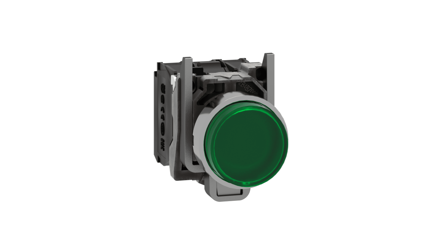 Pulsante SPDT luminoso verde Schneider Electric, montaggio a pannello, diametro 22 mm, cornice cromata, codice XB4BW13B5.