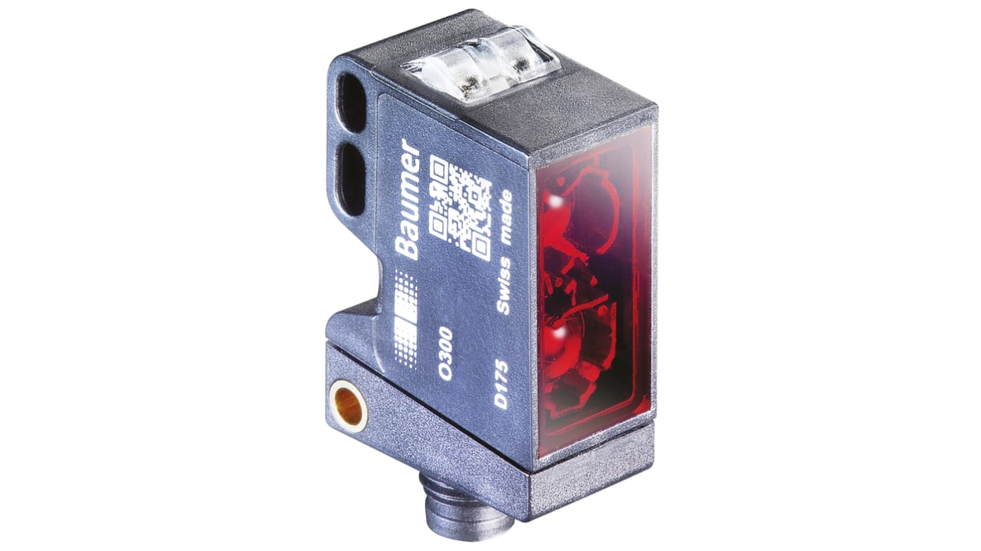 Baumer O300.GR-GW1T.72N, sensore fotoelettrico rettangolare a diffusione, rilevamento 30-300 mm, IP67, programmabile, con connettore M8.