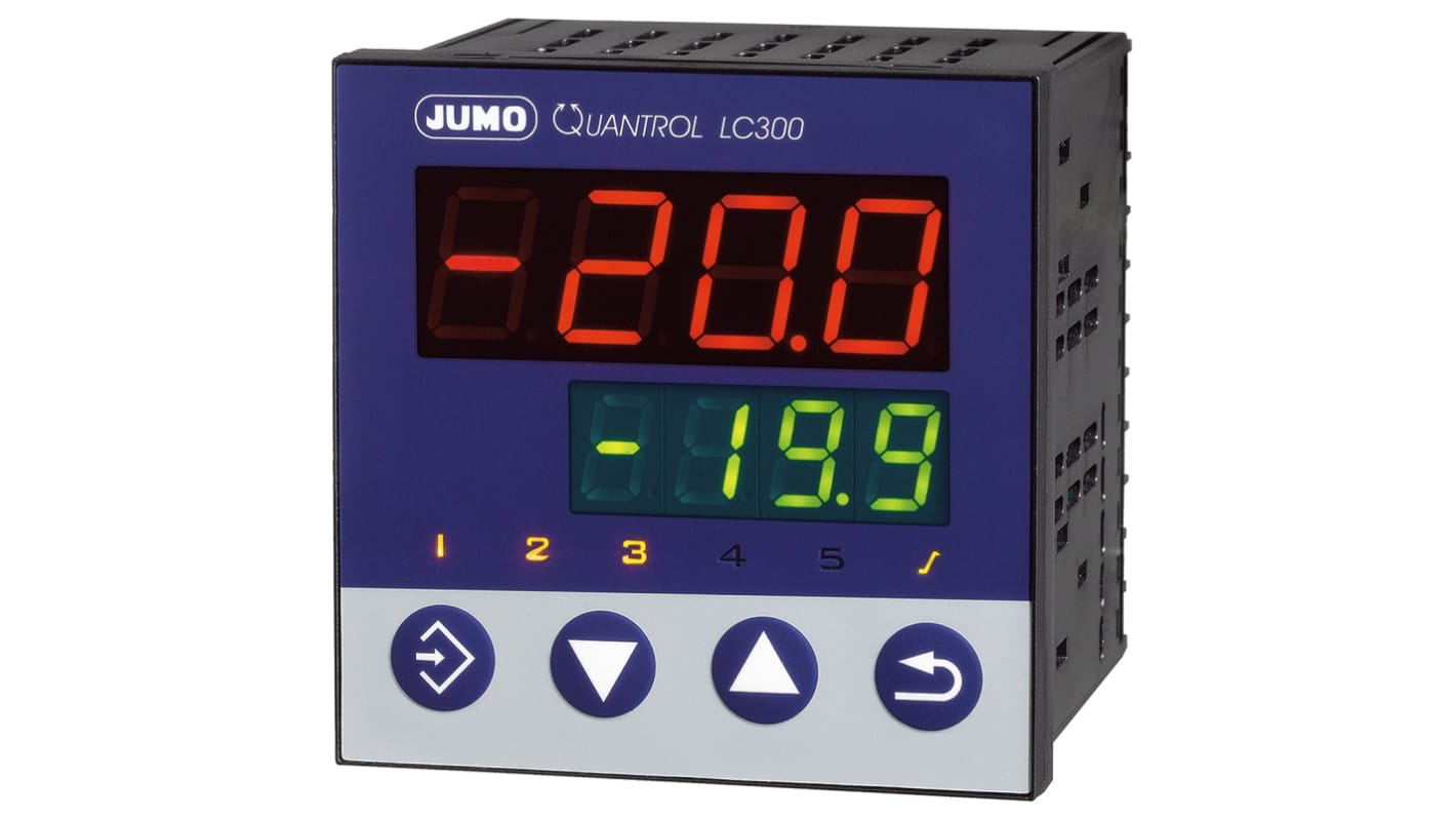 Jumo 702034/8-2100-25, termoregolatore PID QUANTROL, 96x96 mm, alimentazione 20-30 V, IP65, display LED, funzioni ON/OFF e PID.
