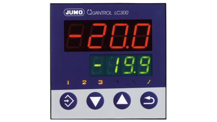 Jumo 702034/8-2100-25, termoregolatore PID QUANTROL, 96x96 mm, alimentazione 20-30 V, IP65, display LED, funzioni ON/OFF e PID.