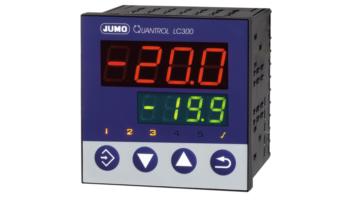 Jumo 702034/8-3100-25, termoregolatore PID QUANTROL, 96x96 mm, alimentazione 20-30 V, IP65, monitoraggio sensore.