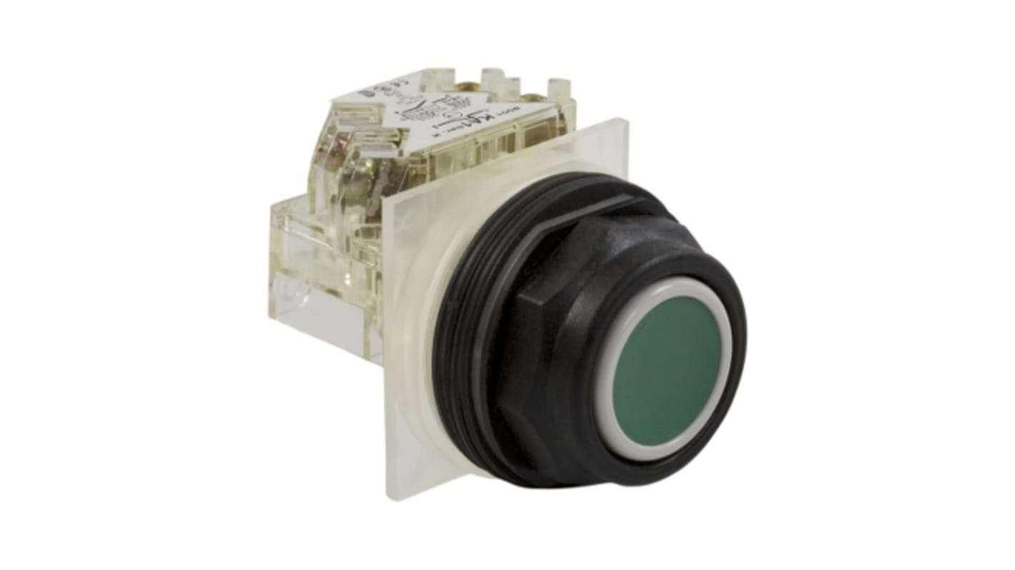 Pulsante verde Schneider Electric 9001SKR1GH13, montaggio a pannello, IP66, diametro foro 30 mm, resistente a polvere e acqua.