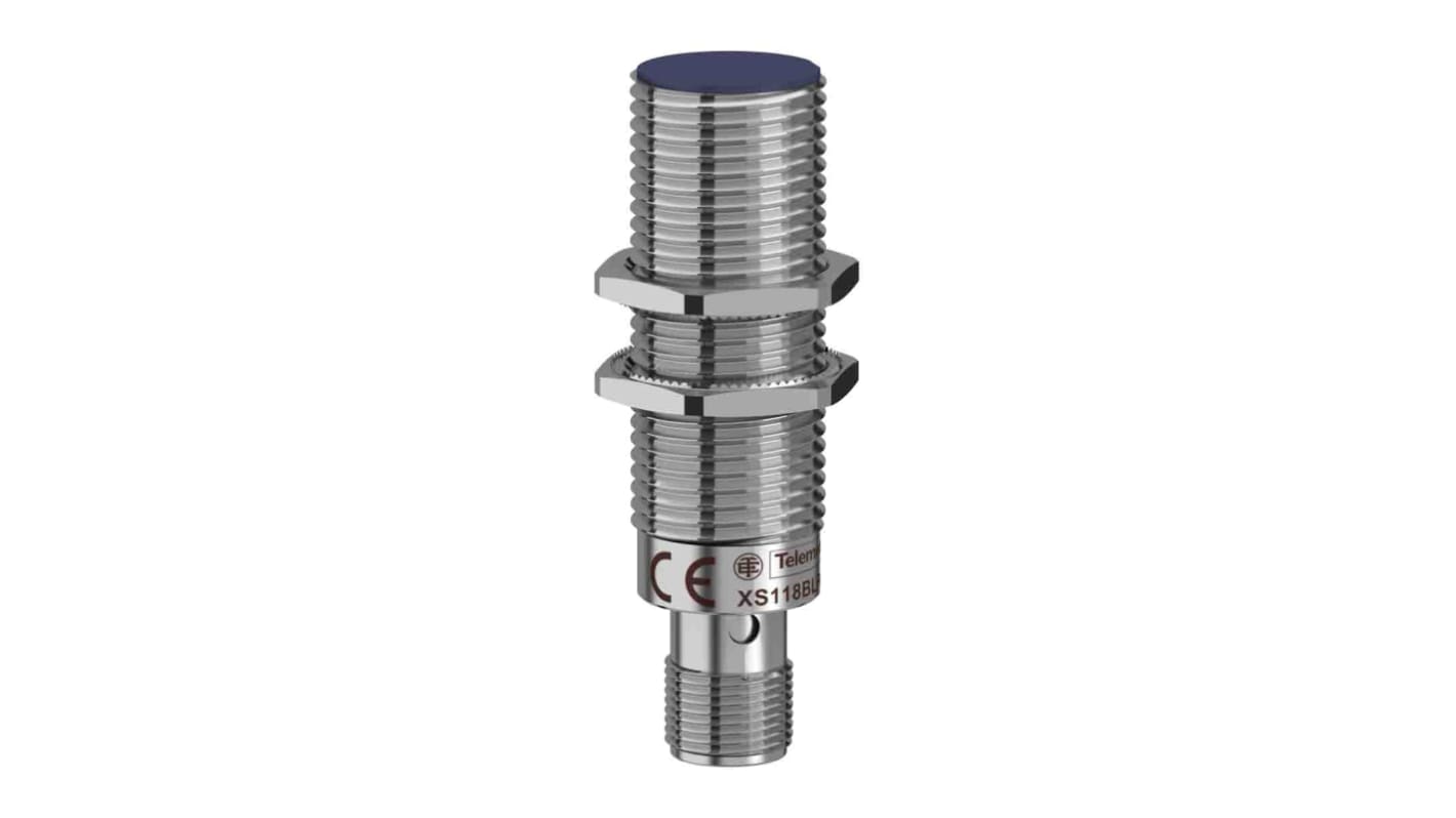 Sensore di prossimità induttivo Telemecanique XS118BLPAM12, cilindrico M8, rilevamento 2,5 mm, PNP, per applicazioni industriali.