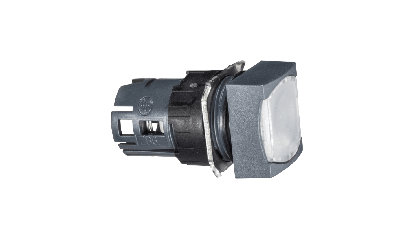 Pulsante illuminato quadrato Schneider Electric ZB6CW1, IP65, montaggio su forature da 16 mm, temperatura operativa -25/+70 °C.