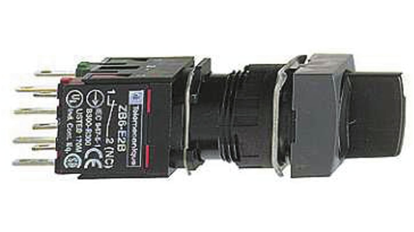 Selettore a 3 posizioni Schneider Electric XB6CD235B, pomelli rotanti neri, montaggio su forature da 16 mm, grado di protezione IP65.