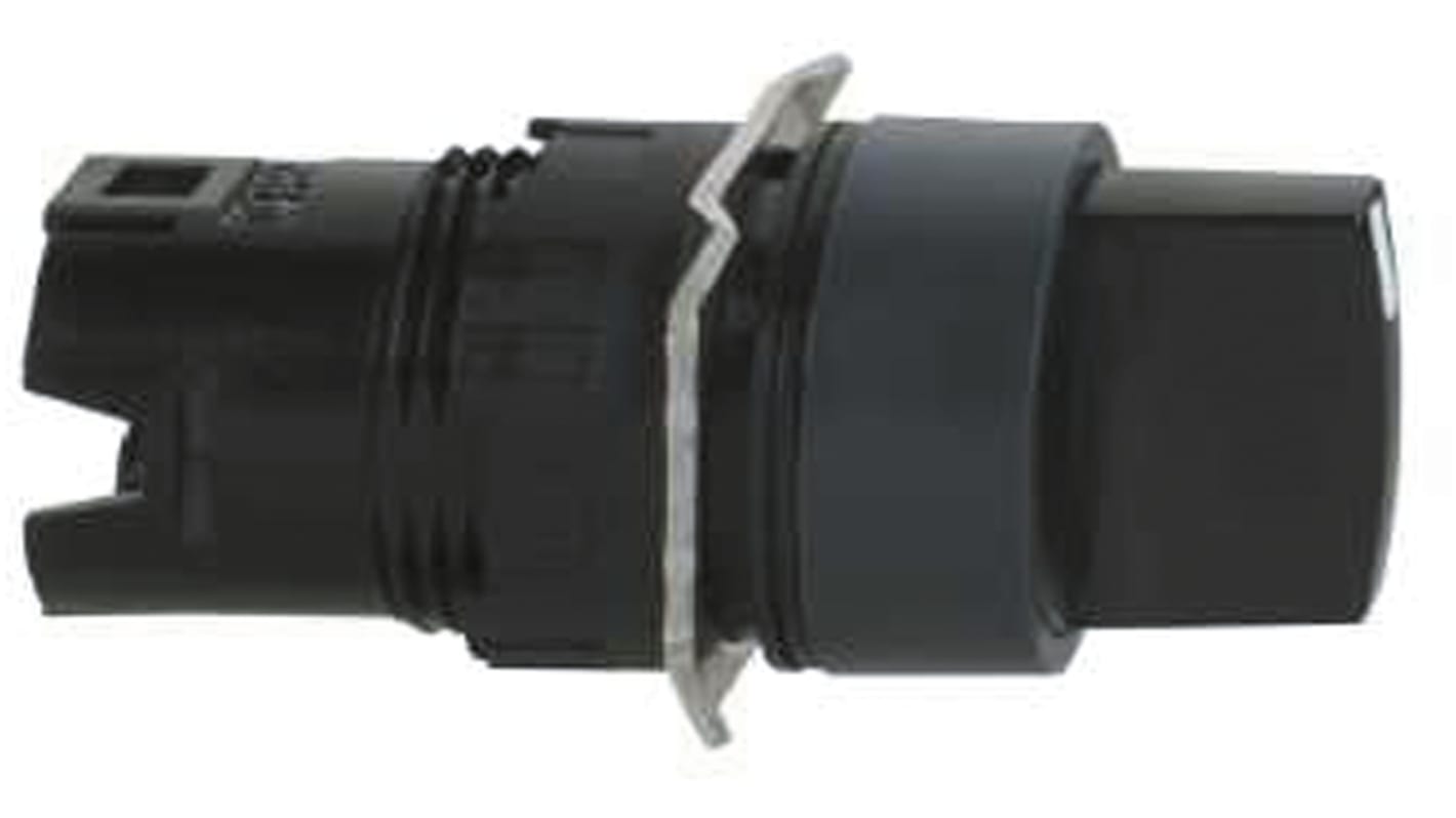 Selettore a 2 posizioni Schneider Electric XB6AD221B con pomello rotante nero, grado di protezione IP65, montaggio su forature da 16 mm.