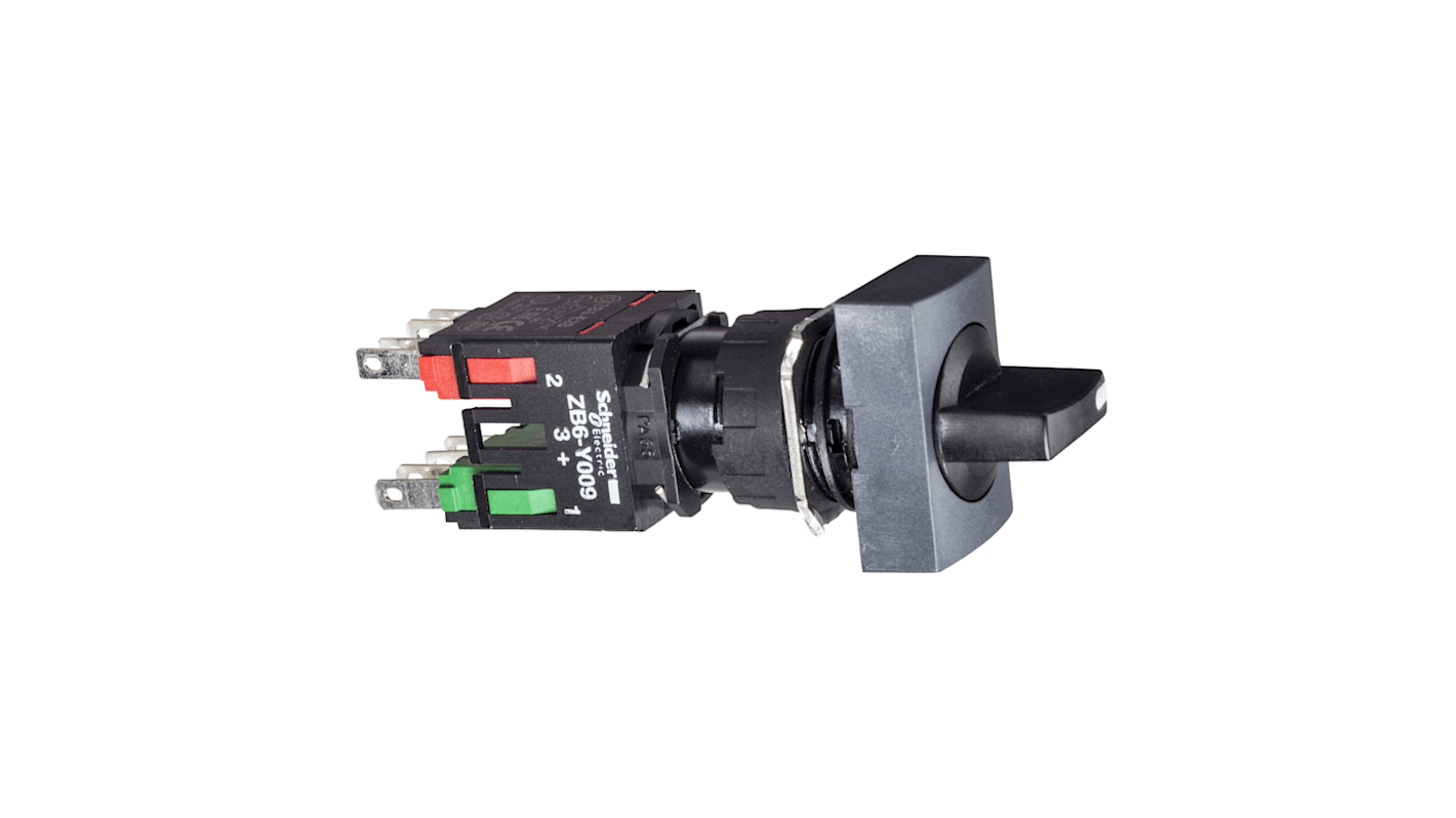Selettore a 3 posizioni Schneider Electric XB6DD235B, pomelli rotanti neri, montaggio su forature da 16 mm, grado di protezione IP65.