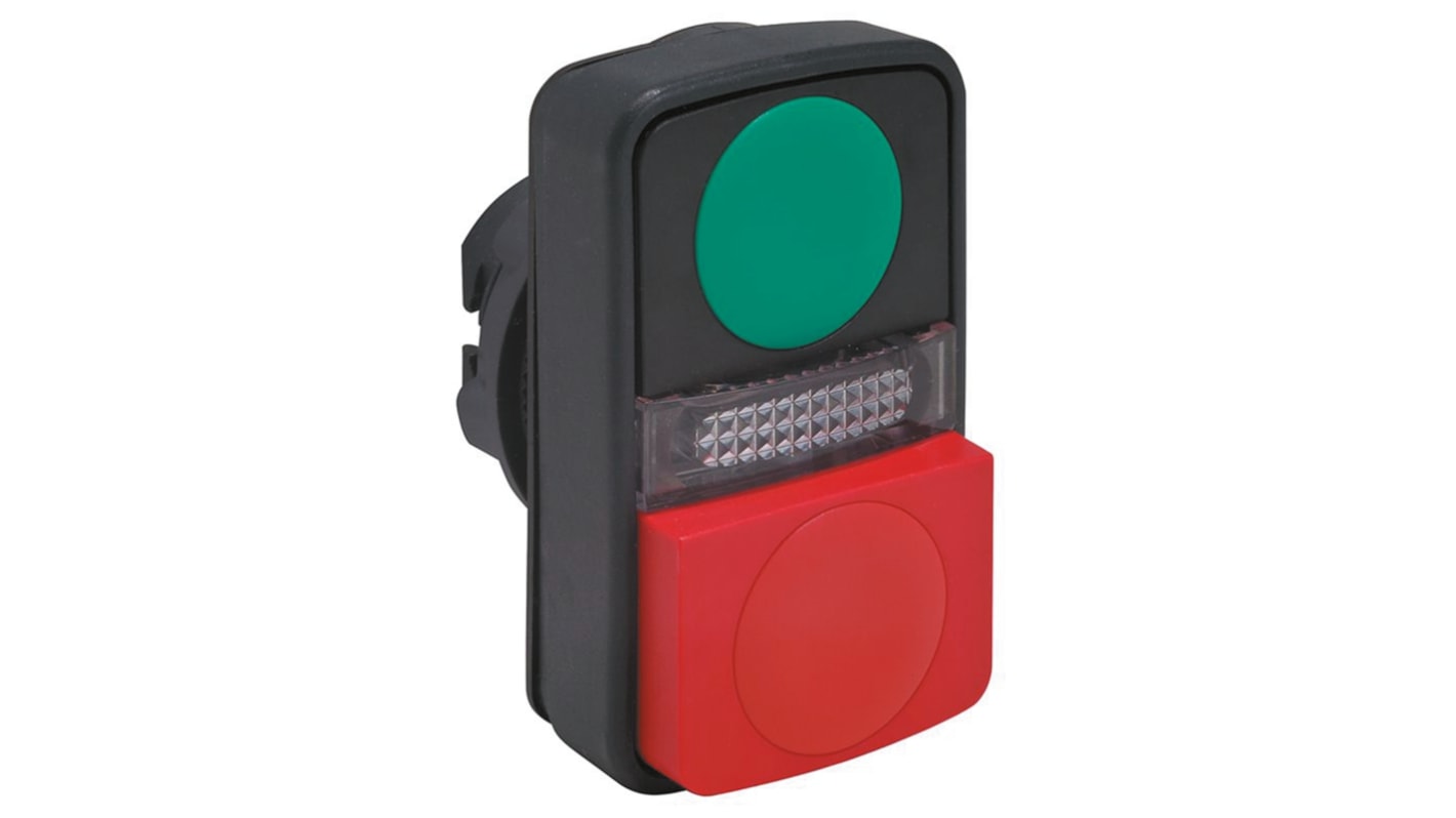 Attuatore pulsante instabile Schneider Electric ZB5AW7L3740, forma rettangolare, colori verde e rosso, grado di protezione IP66/IP69K.