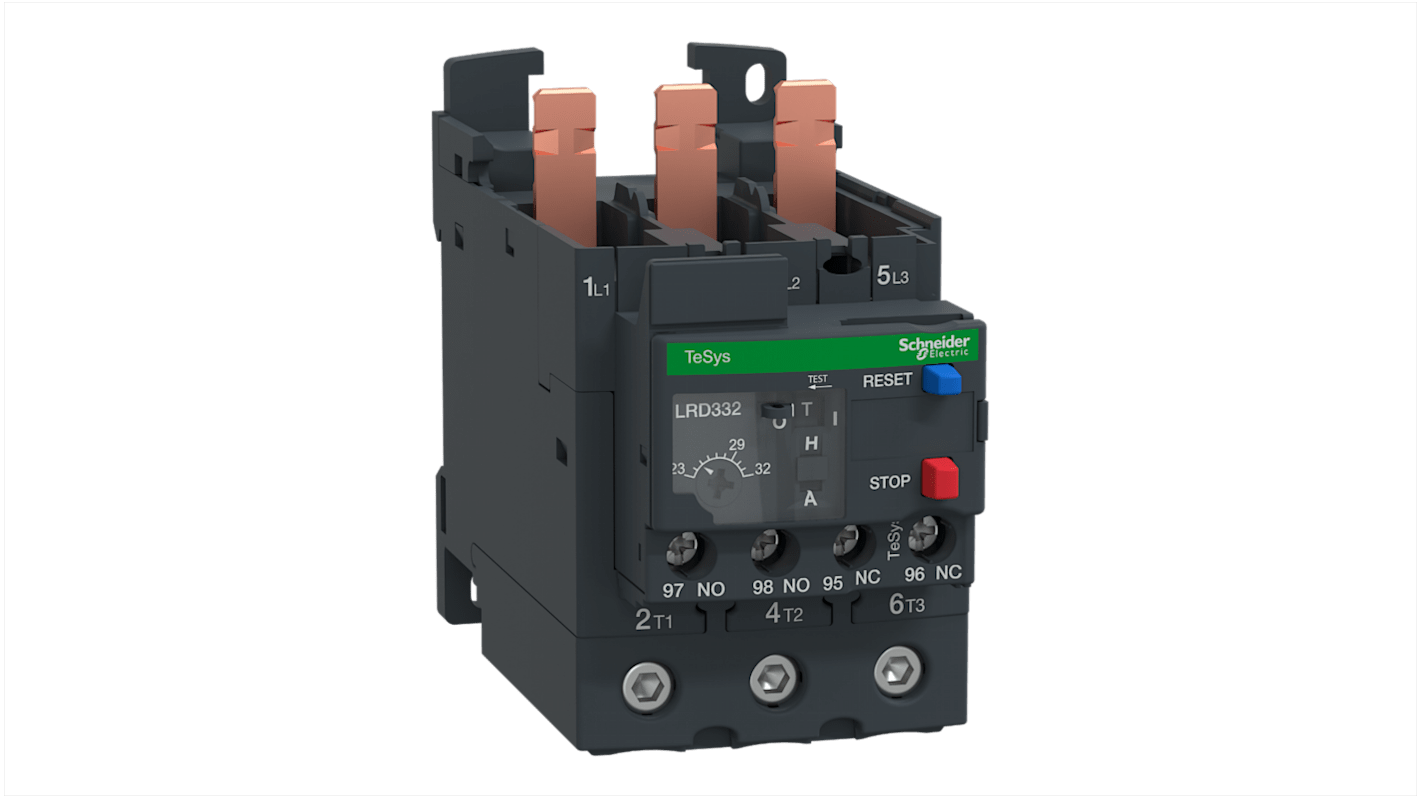 Relè di sovraccarico termico Schneider Electric LR3D332, 32 A, montaggio su guida DIN, dimensioni 123x55x70 mm.