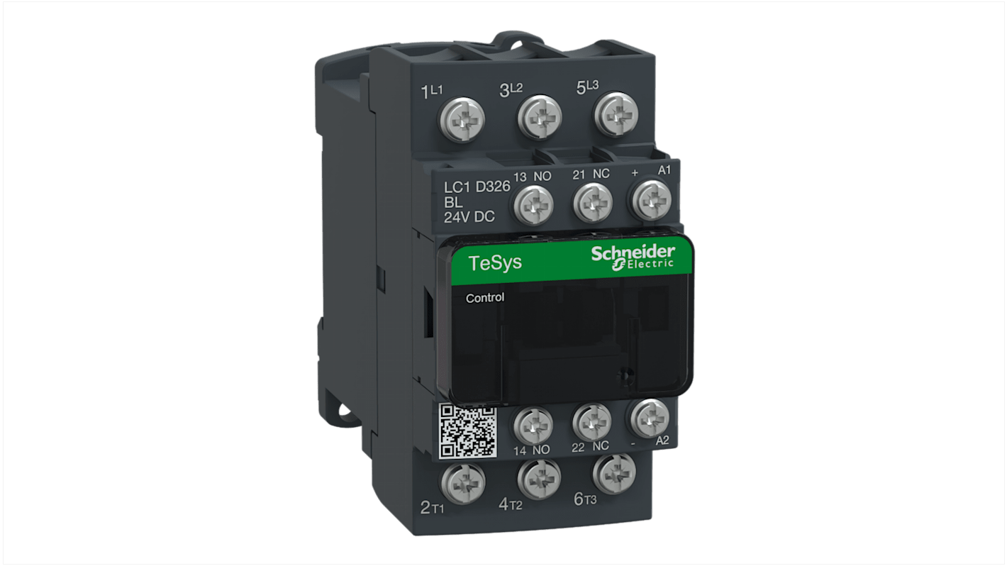 Contattore Schneider Electric LC1D326BL, 3 poli, 32 A, bobina 24 V c.c., dimensioni 45x101x85 mm, temperatura -5°C/+60°C.