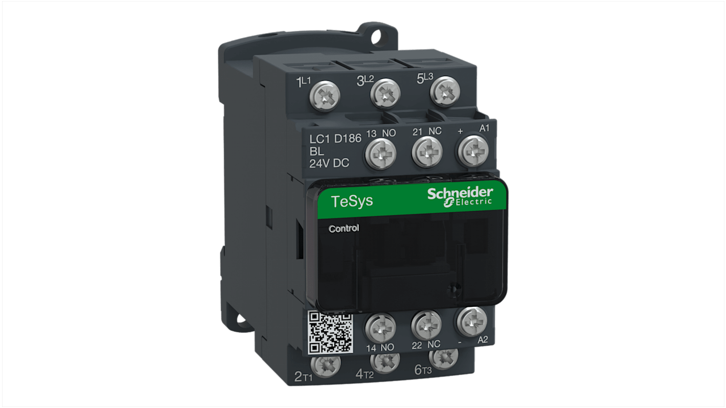 Contattore Schneider Electric LC1D186BL, 3 poli, 3 contatti NA, 18 A, 24 V c.c., dimensioni 95x45x77 mm, montaggio frontale.