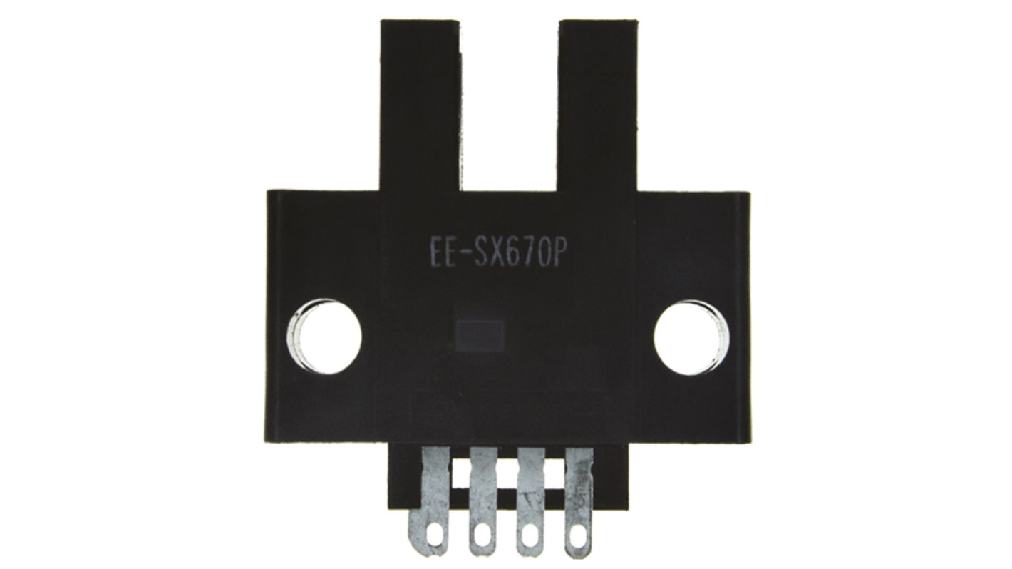 Omron EE-SX670P, sensore fotoelettrico a forcella con rilevamento di 5 mm, uscita PNP, alloggiamento in plastica nera.
